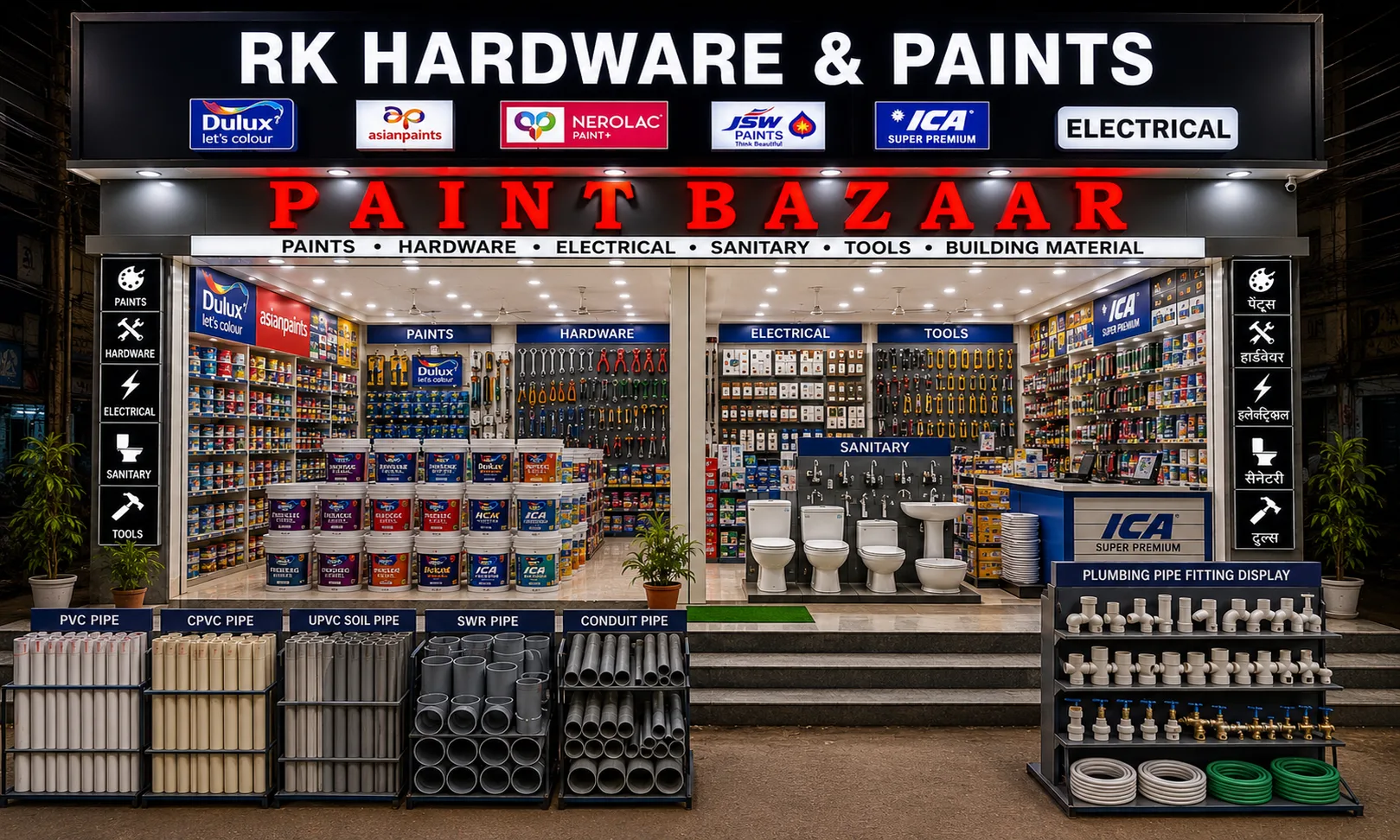 RK Hardware & Paints shopfront on Paintbazaar, Sultanpur, lit up in the evening